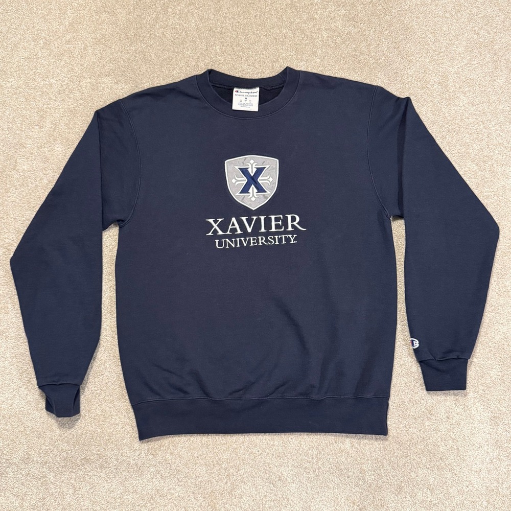 Xavier University Crewneck Sweatshirt Mens Medium Champion Navy  Fleece Pullover